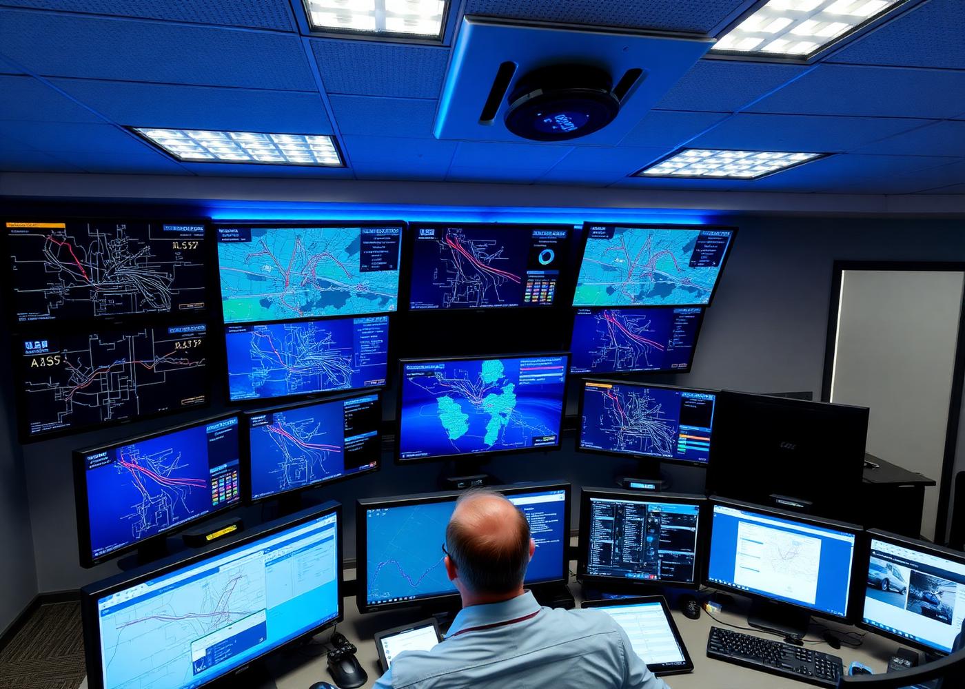 Dispatch operations center with multiple route-tracking monitors
